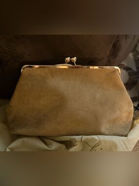 Tan Suede Frame Clutch with Gold-Tone Hardware
